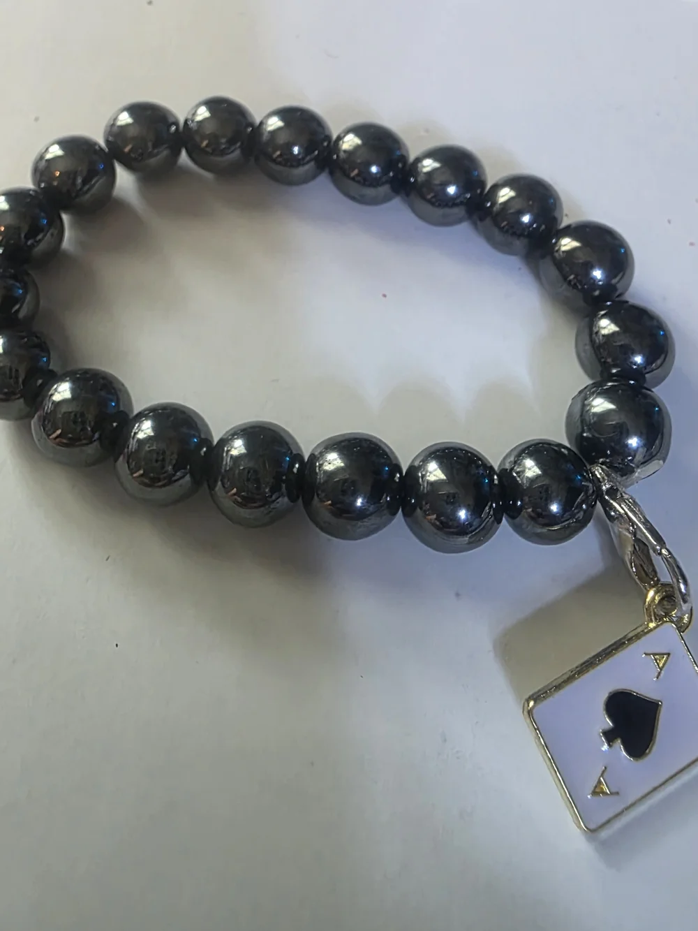 Hematite Beaded Bracelet with Ace of Spades Charm
